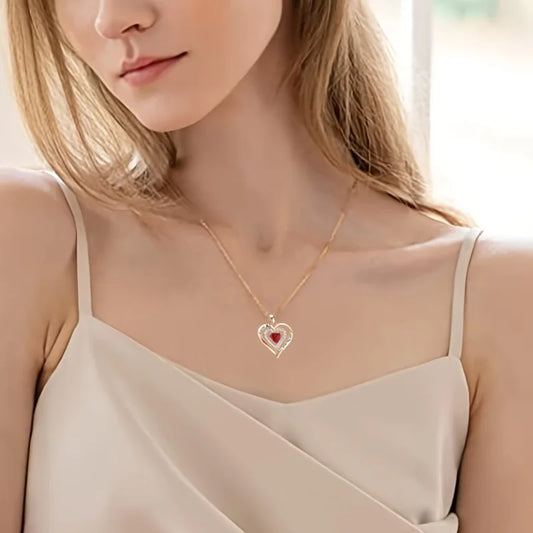 Luxury Red Zircon Pendant Necklace with Rose Flower