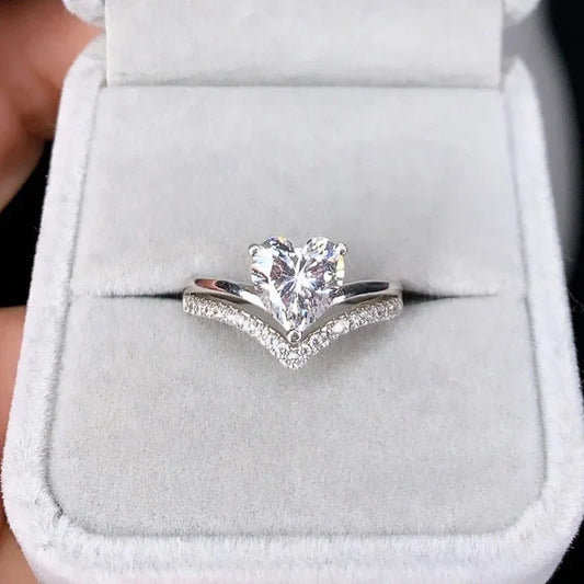 Delicate Silver Color Heart Rings with White Zircon Stones